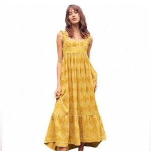 Miou Muse Mustard Yellow Polka Dot Jacquard textured Cotton prairie maxi dress L